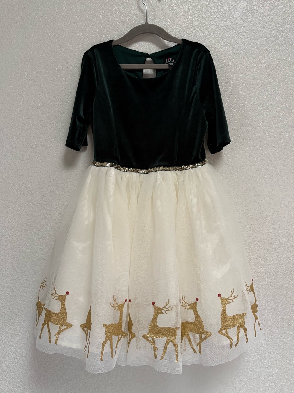 Velvet Green and Ivory Holiday Reindeer Tulle Dress - Kids Holiday dress